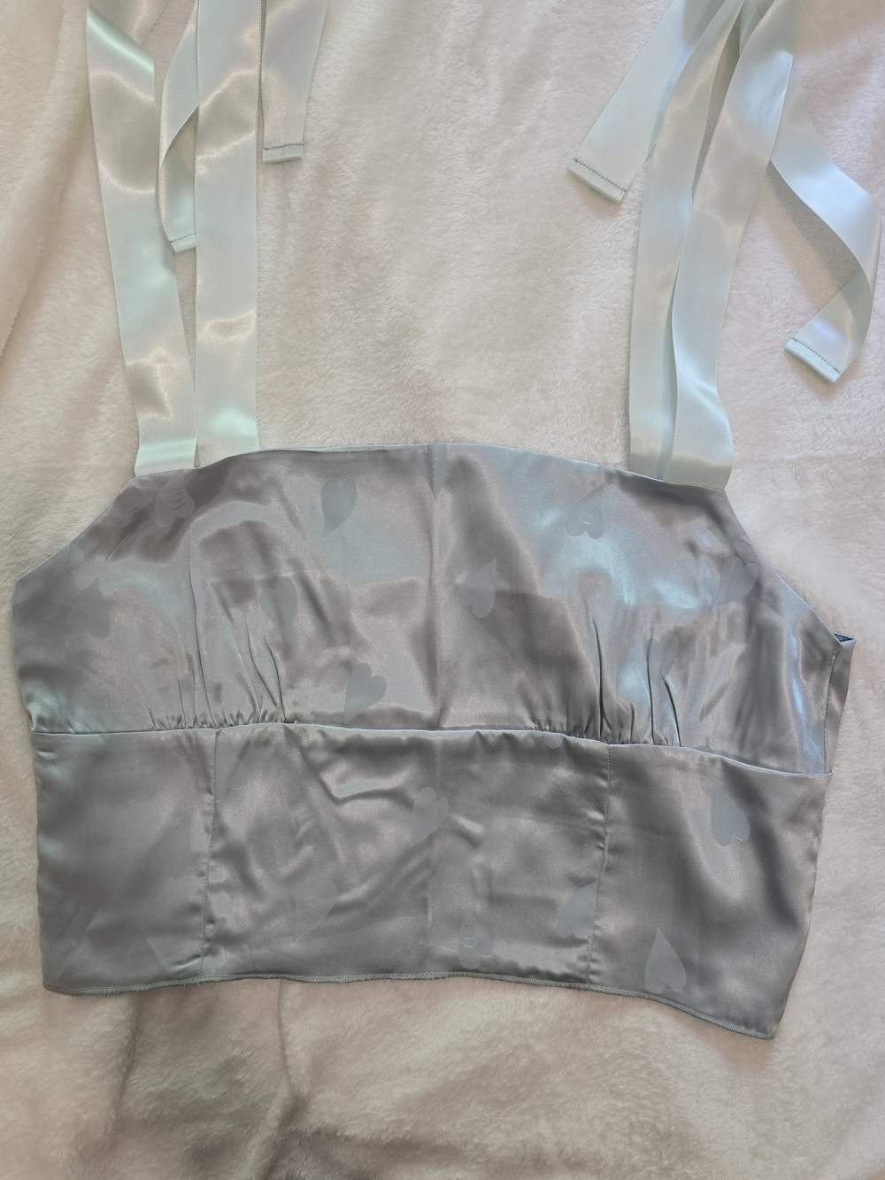 Cider Ice Blue Satin Heart Jacquard Crop Top Ribbon Tie Strap L Coquette Y2K